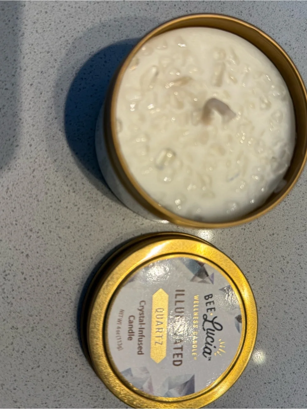 Bee Lucia  Illuminated Quartz Crystal-Infused Candle Tin - Gold Lid